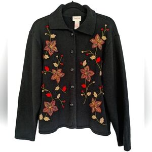 Crystal Kobe Vintage Black Beaded Floral‎ Cardigan Sweater XL Fall Embroidery